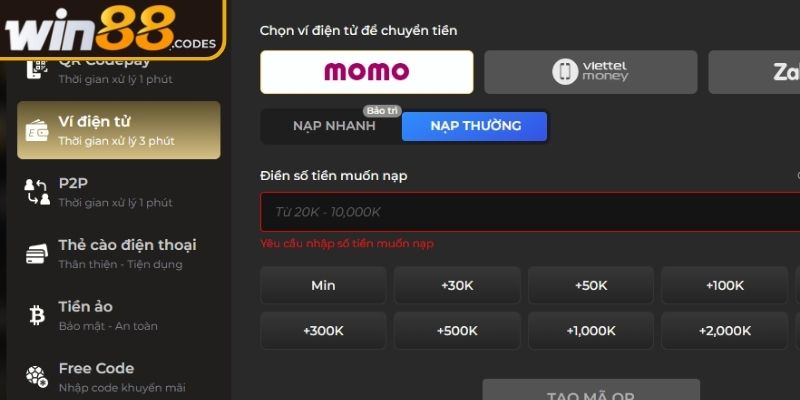 Các bước nạp tiền Win88