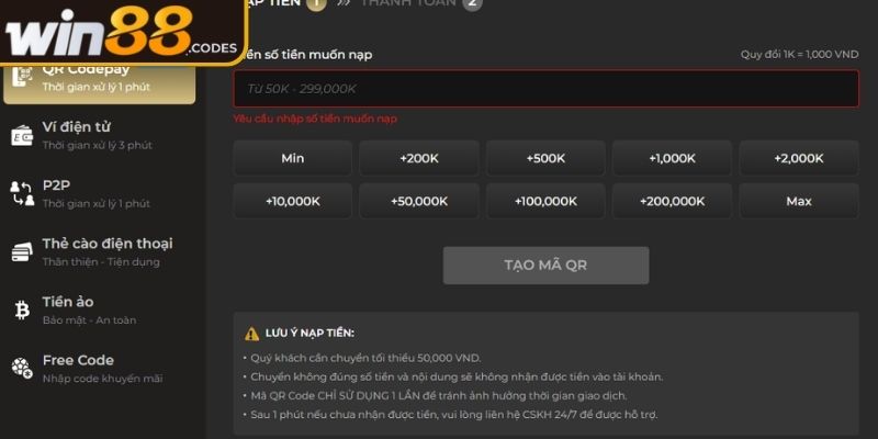 Điều kiện nạp rút tiền Win88